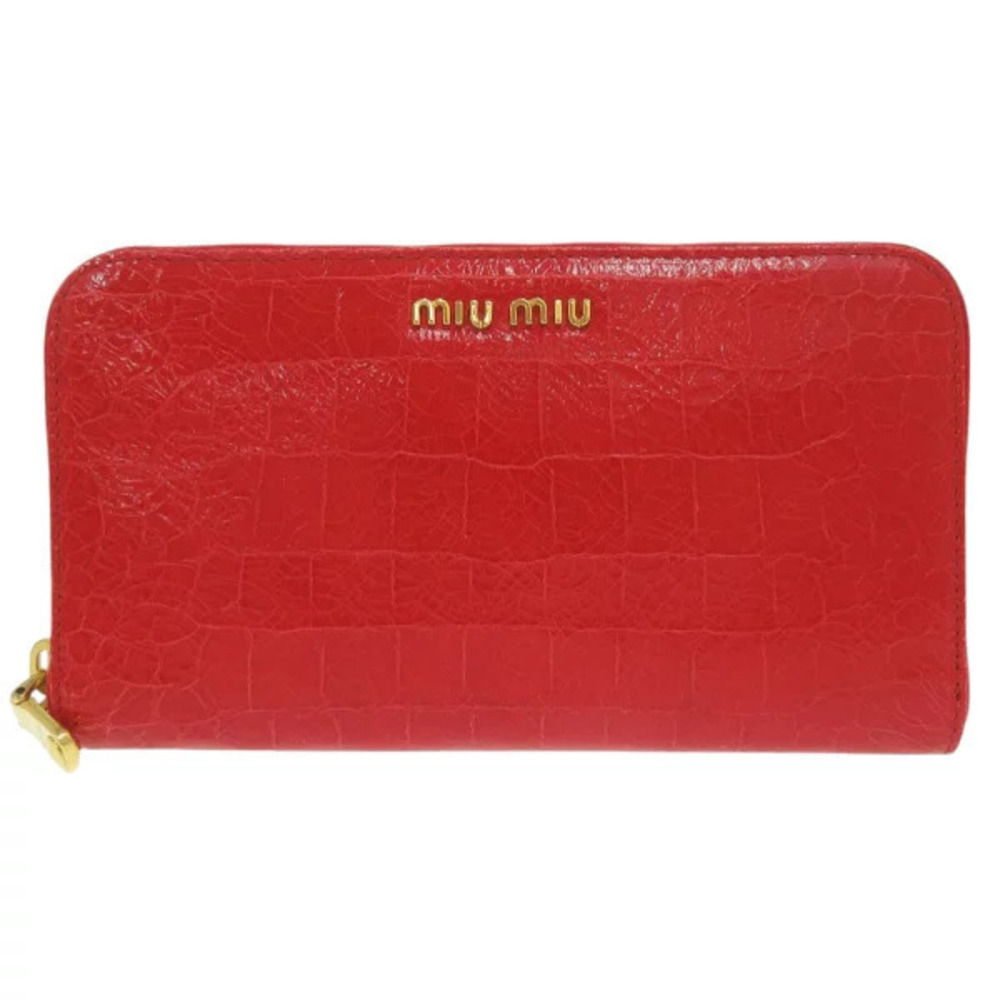 Miu Miu red crocodile leather zip around wallet